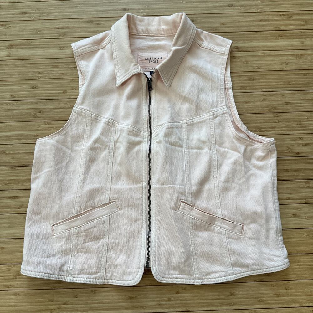 American Eagle Women's Denim Pink Jean Vest Biker Trucker Sz XL. Pre-Owned